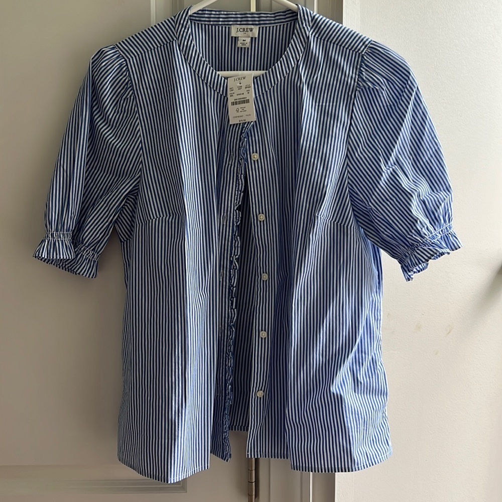 NWT , J.Crew Factory pinstripe short sleeve blouse, medium, blue pinstripe